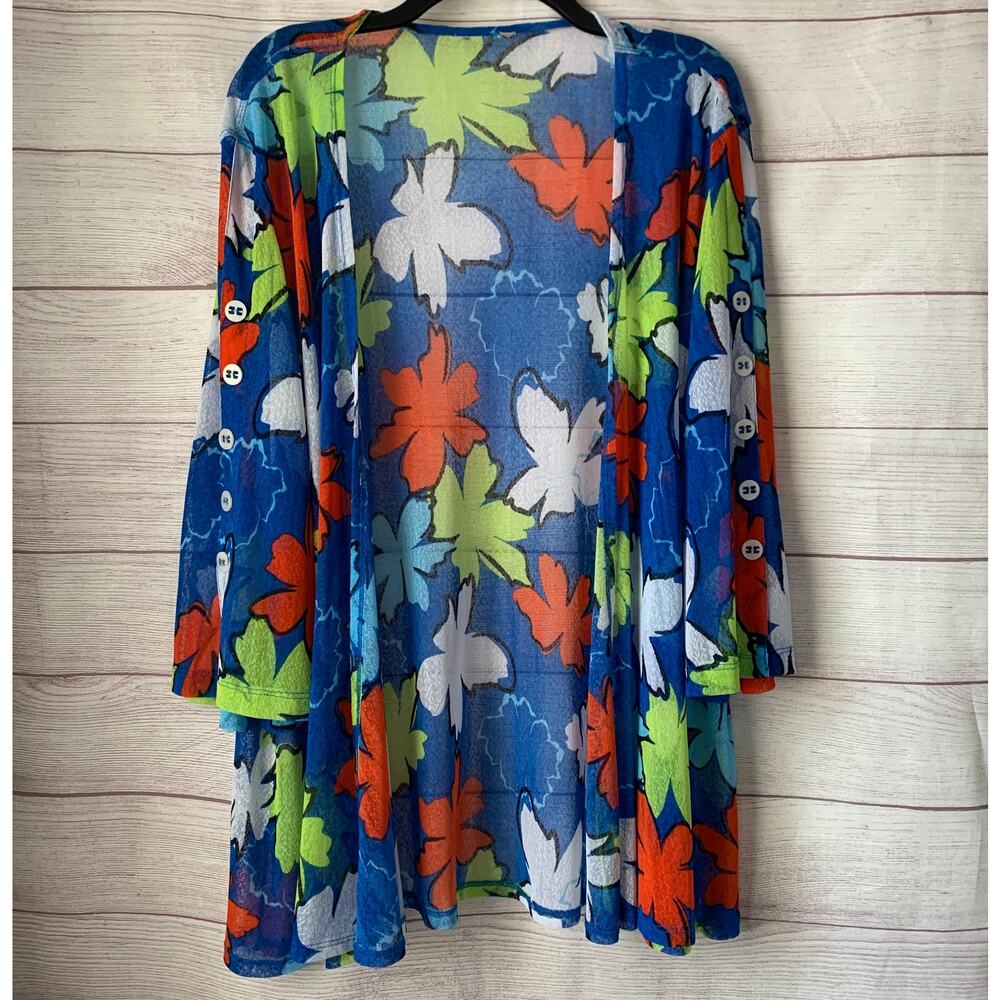 Blue Multicolor Tropical Floral Cardigan Kimono Open Front Button Sleeves Size